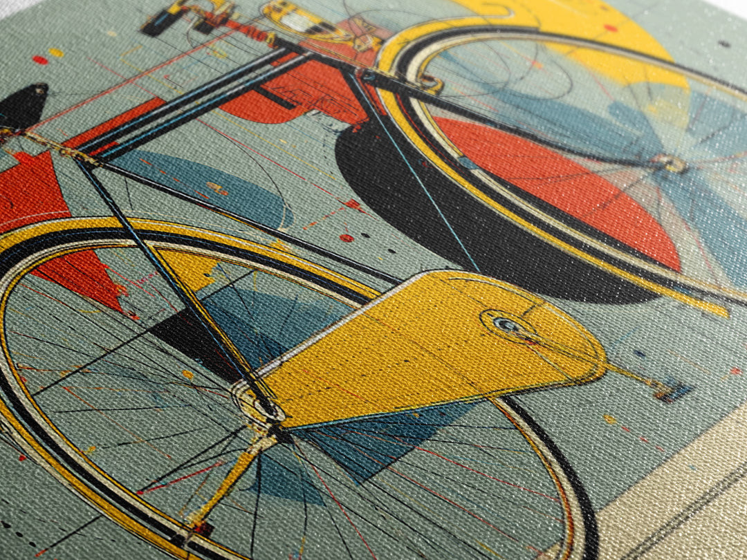 Classic City Bicycle With Abstract Circles Framed Canvas Print, Mid Century Modern Wall Art, Retro Bike Poster, Studio Decor