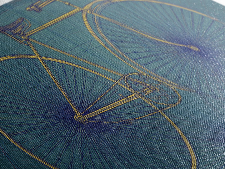 Technical Line Drawing Bicycle On Blue Framed Canvas Print, Mid Century Modern Art, Retro Cycling Poster, Home Office Decor