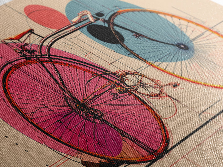Retro Bicycle With Pink Blue Circles Canvas Print, Mid Century Modern Wall Art, Geometric Poster, Colorful Apartment Decor