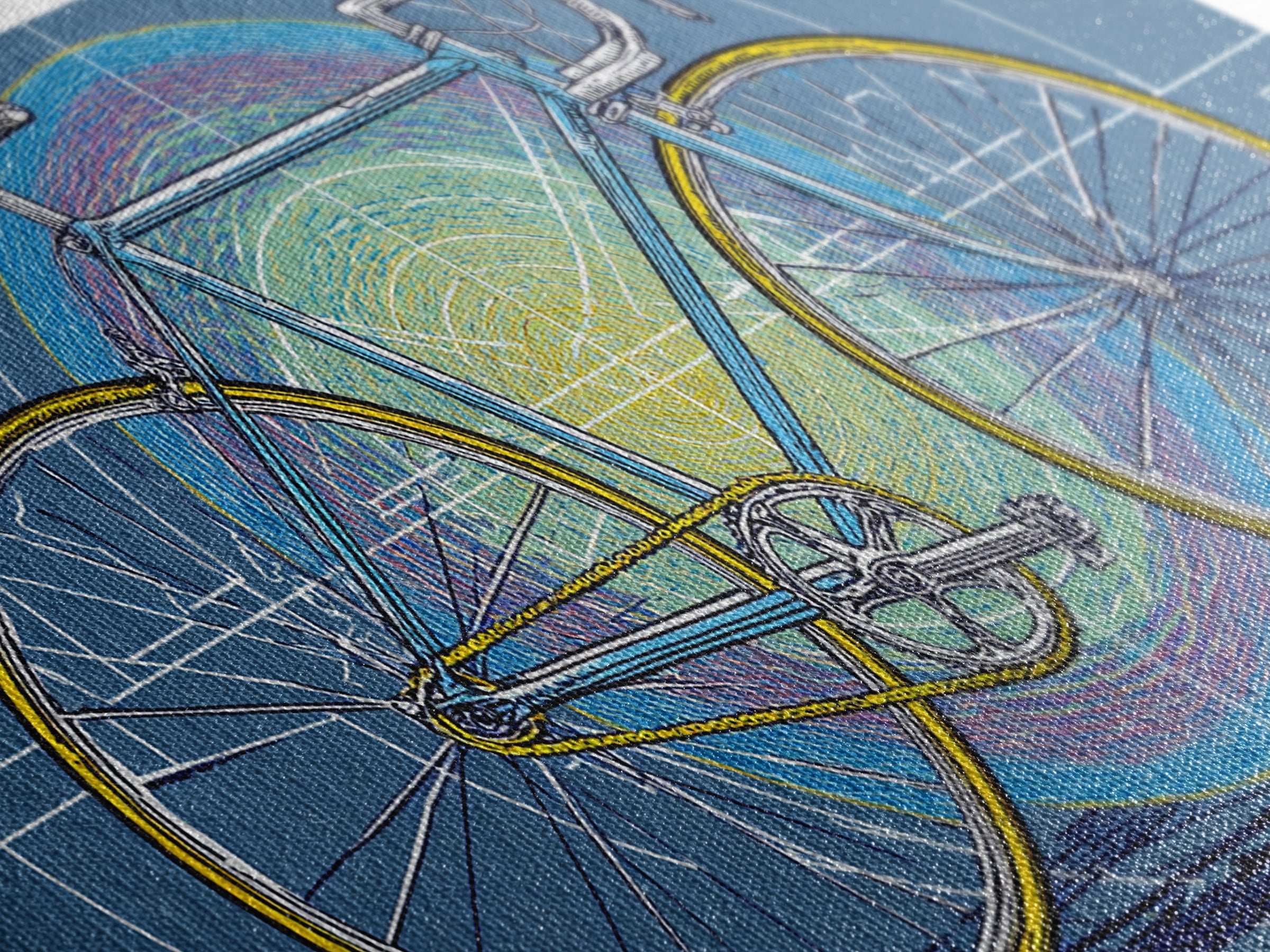 Touring Bicycle With Rainbow Circle Framed Canvas Print, Mid Century Modern Wall Art, Retro Cycling Poster, Blue Office Decor
