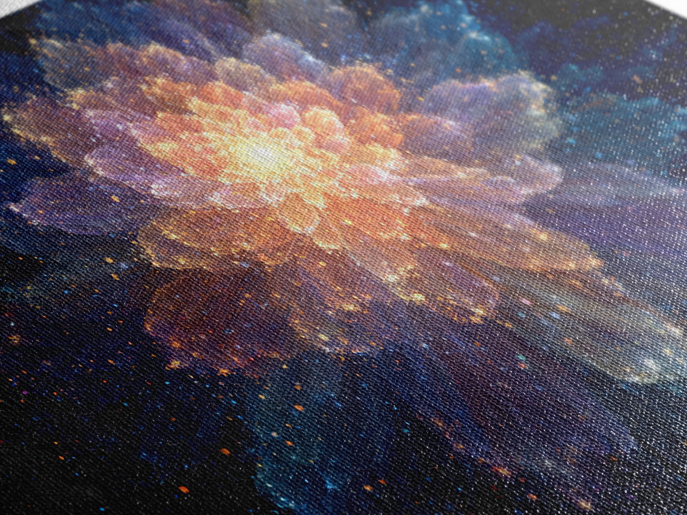 Glowing Cosmic Flower Canvas Print, Blue Orange Abstract Bloom, Spiritual Space Artwork, Modern Wall Art For Bedroom Decor