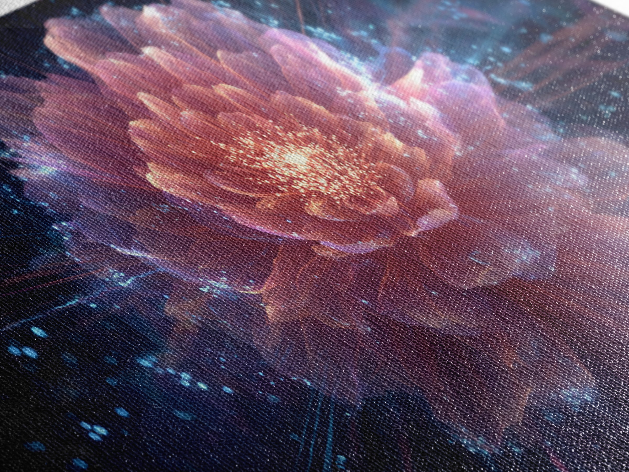 Radiant Pink Peony Canvas Print, Cosmic Floral Bloom, Blue Sparkle Abstract Art, Modern Wall Art For Bedroom And Living Room