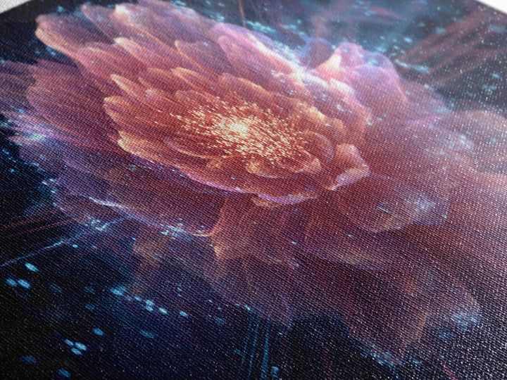 Radiant Pink Peony Canvas Print, Cosmic Floral Bloom, Blue Sparkle Abstract Art, Modern Wall Art For Bedroom And Living Room