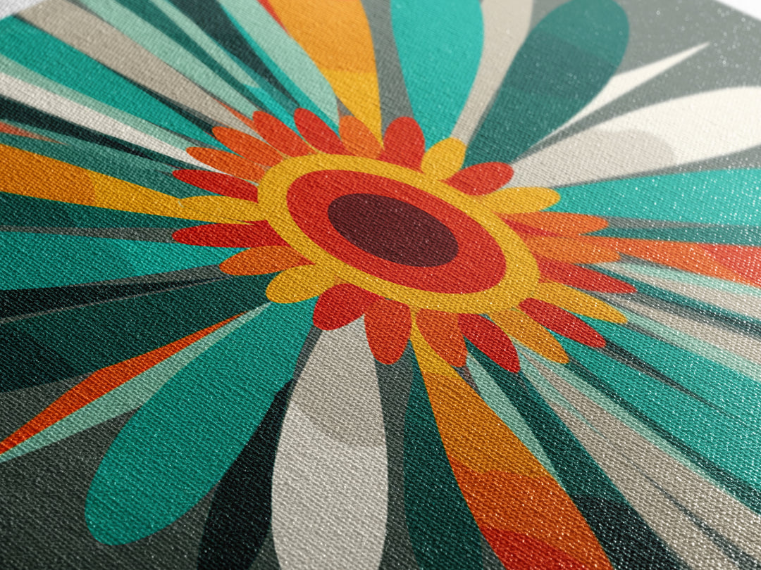 Teal Orange Atomic Flower Wall Art, Mid Century Modern Abstract Burst, Retro Geometric Poster, MCM Home Decor Canvas Print