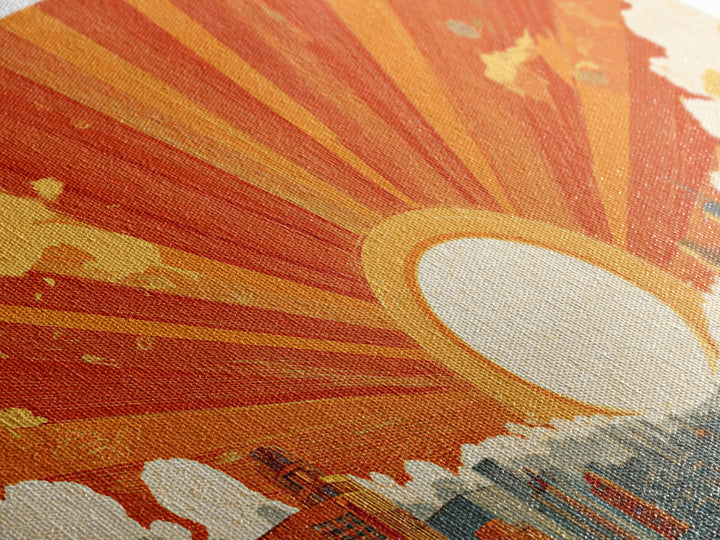 Giant Orange Sun Over City Wall Art, Midcentury Modern Skyline Print, Retro Urban Poster, Warm Home Office Decor Canvas Print