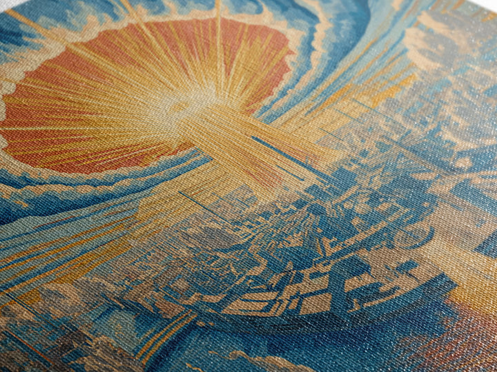 Radiant Futuristic City Sunrise Wall Art, Retro Sci Fi Skyline, Mid Century Modern Decor, Blue Orange Large Canvas Print