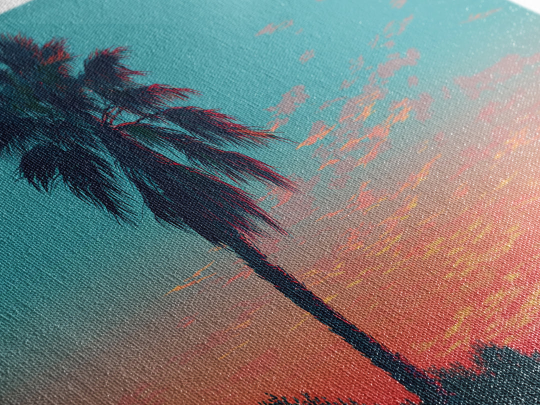 Leaning Palm Coral Sunset Canvas Print, Retro Tropical Landscape, Midcentury Wall Art, Palm Springs Decor, Coastal Poster Print