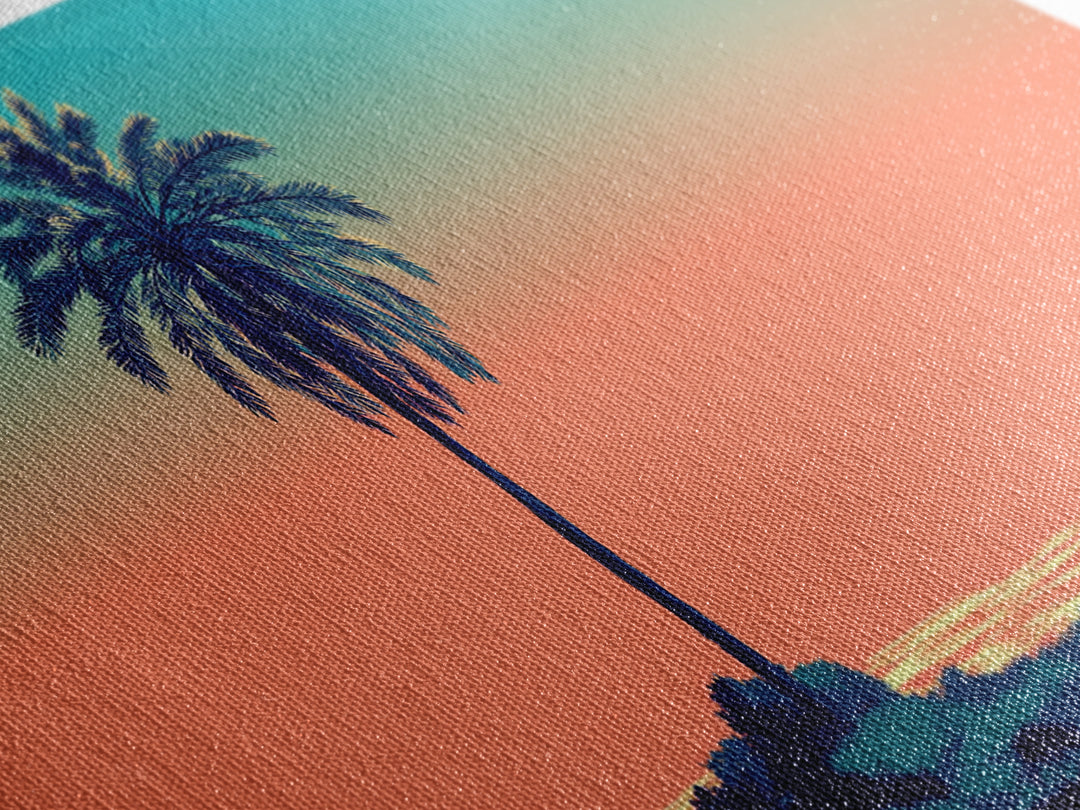 Solitary Palm Ocean Sunset Framed Canvas Print, Retro Tropical Wall Art, Midcentury Modern Decor, Coastal Home Poster Print