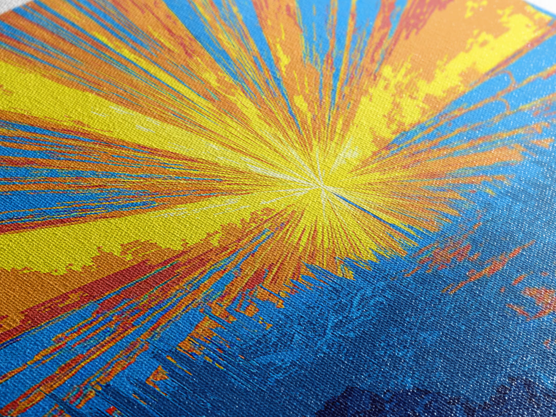 Explosive Solar Skyline Wall Art, Bright Retro Sci Fi Sunburst, Blue Orange Modern Art Print, Mid Century City Poster Decor