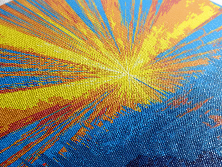 Explosive Solar Skyline Wall Art, Bright Retro Sci Fi Sunburst, Blue Orange Modern Art Print, Mid Century City Poster Decor