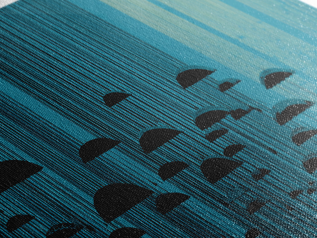Teal Rain Umbrellas In Vertical Lines Wall Art, Midcentury Modern Abstract Print, Retro Wall Decor, Modern Home Decor For Living Room