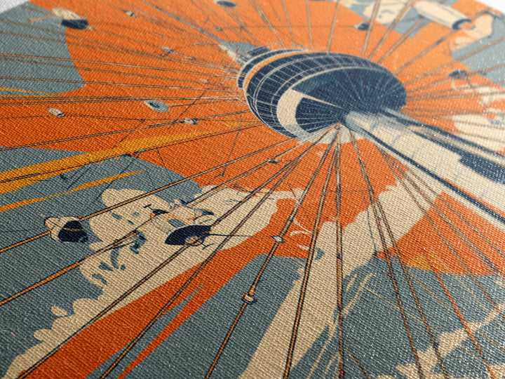 Retro Space Needle With Flying Saucers Canvas Print, Midcentury Modern Wall Art, Orange Sun Poster, Sci Fi Seattle Decor