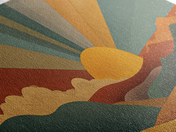 Geometric Retro Sunrise Over Rolling Hills Canvas Print, Midcentury Modern Wall Art, Boho Landscape Poster, Earth Tone Decor