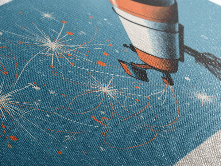 Atomic Telescope Blue Sky Canvas Print, Retro Space Wall Art, Mid Century Modern Astronomy Poster, MCM Nursery Office Decor