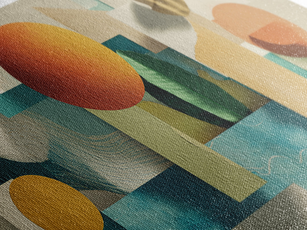 Neutral Teal Orange Geometric Still Life Wall Art, Mid Century Modern Canvas Print, Botanical Shapes, Coastal Home Decor