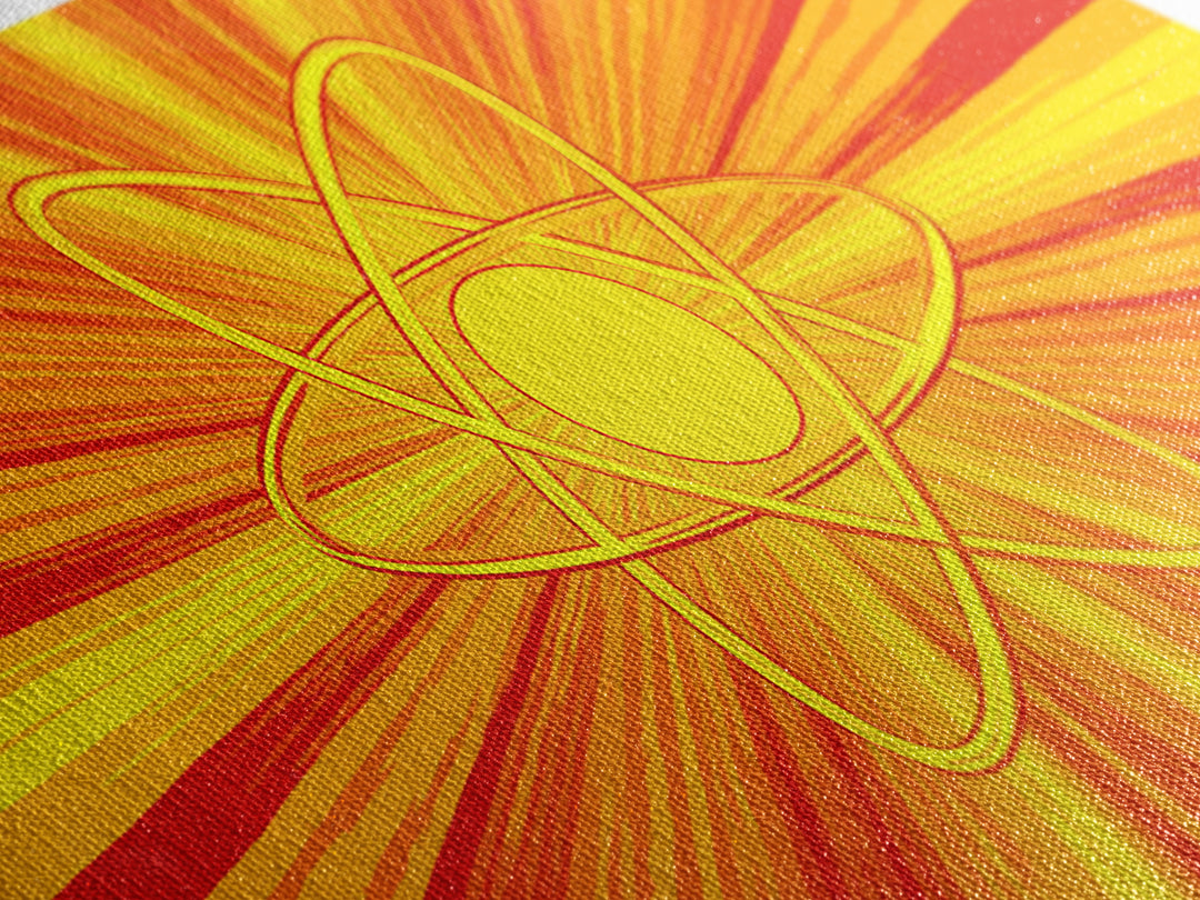 Fiery Atomic Sunburst Canvas Print, Mid Century Modern Orange Wall Art, Retro Science Poster, Bold MCM Decor, Modern Art Print