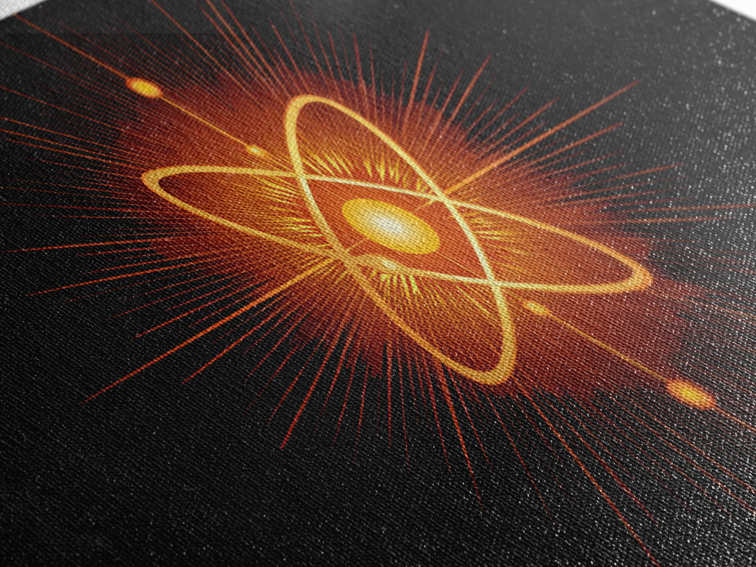 Glowing Orange Atom Wall Art, Black Space Abstract Poster, Mid Century Modern Science Decor, Atomic MCM Canvas Print Gift