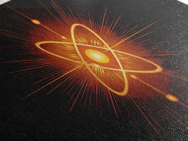 Glowing Orange Atom Wall Art, Black Space Abstract Poster, Mid Century Modern Science Decor, Atomic MCM Canvas Print Gift