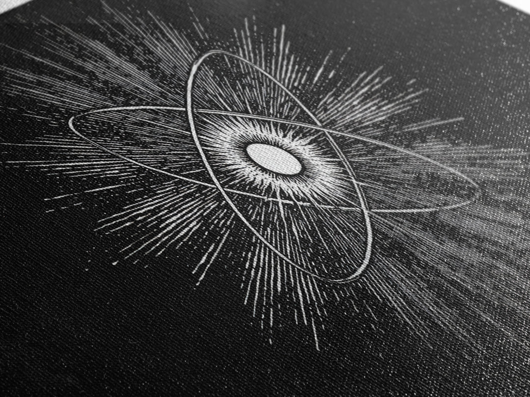Black And White Atomic Burst Wall Art, Modern Abstract Science Poster, Mid Century Modern Decor, Monochrome Canvas Print