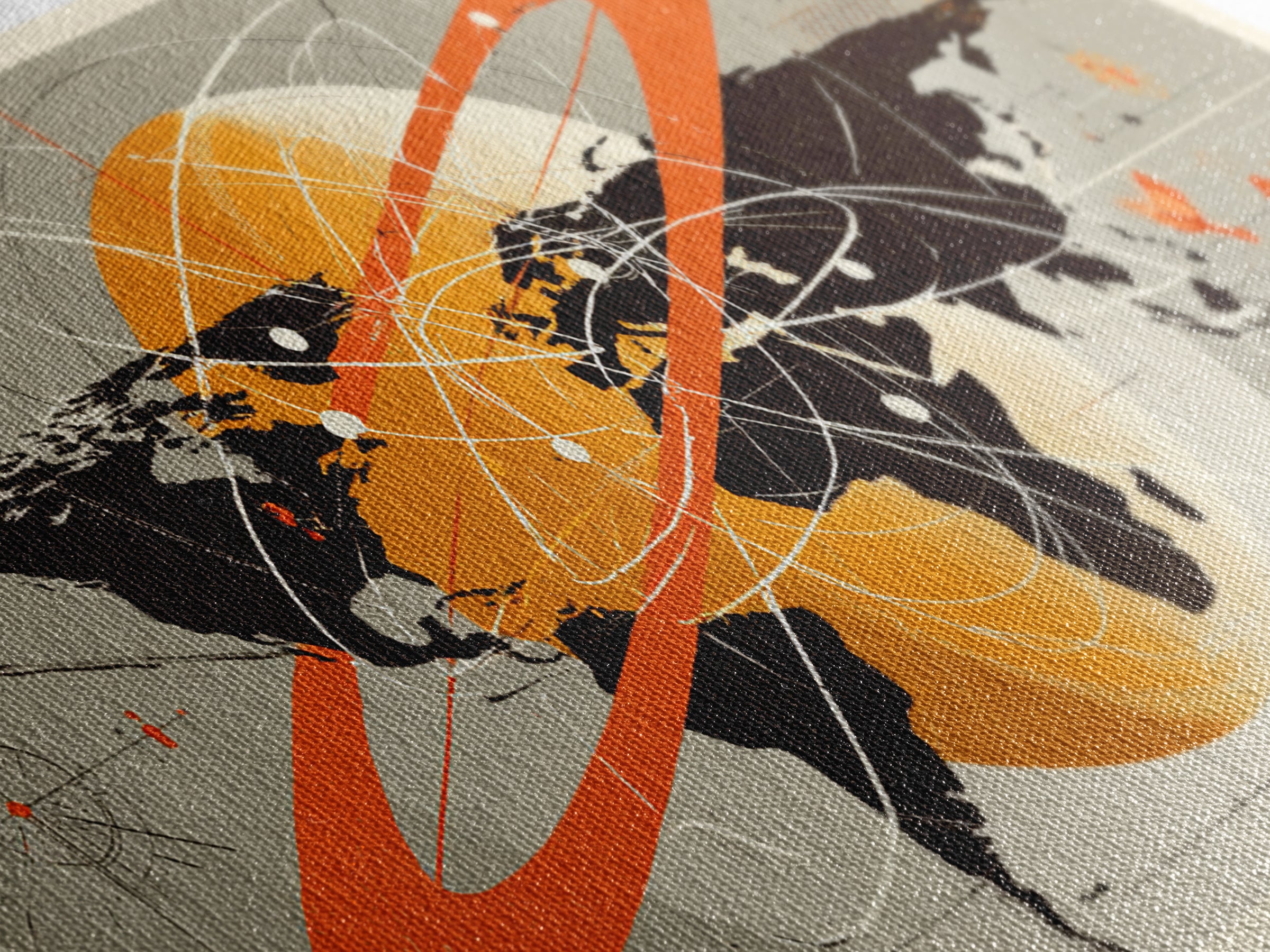 Retro Atomic World Map Wall Art, Mid Century Modern Travel Poster, Orange Black Science Decor, Geometric Canvas Print Gift