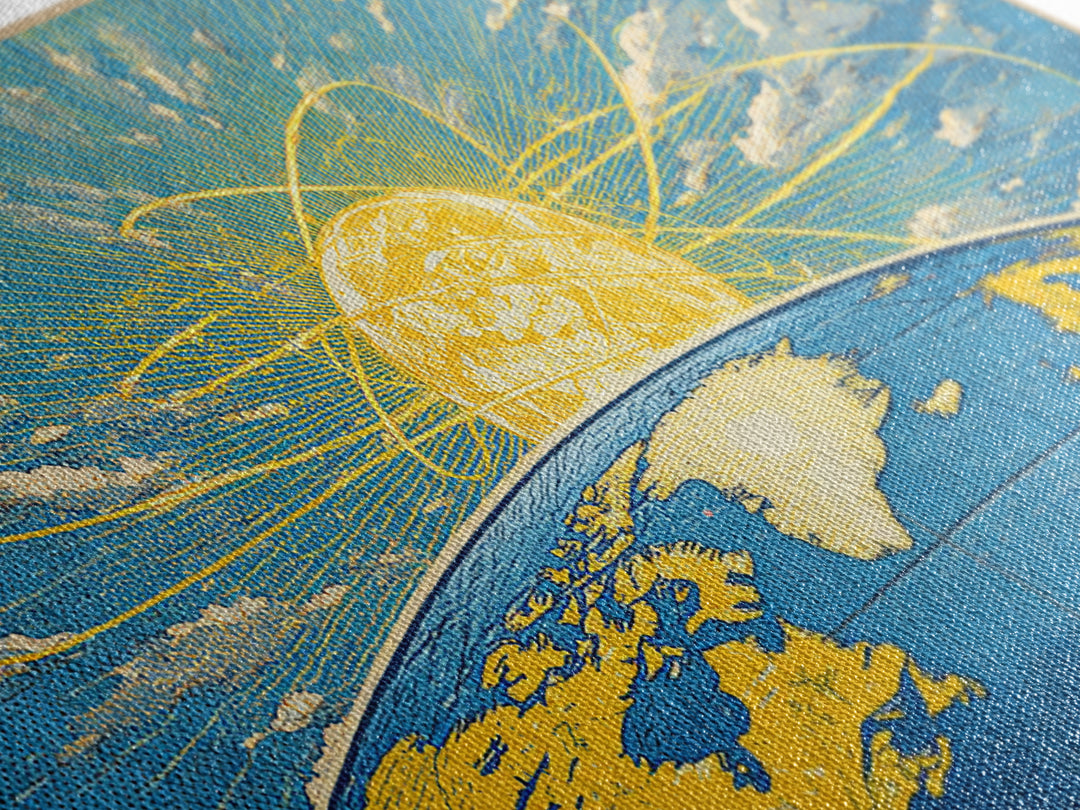 Atomic Earth Sunrise Wall Art, Blue Yellow Retro Science Poster, Mid Century Modern Space Decor, Celestial Canvas Print Gift