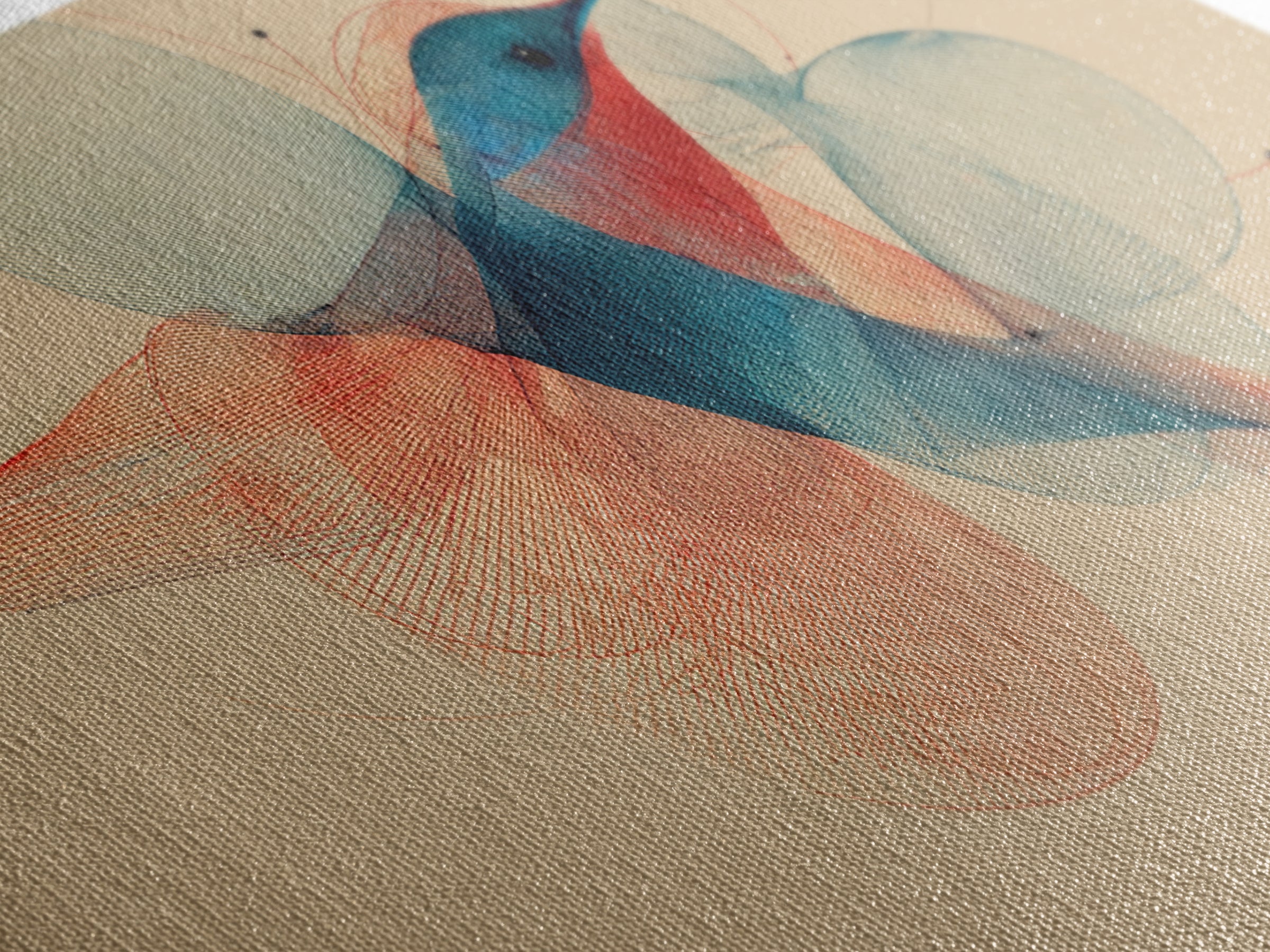 Abstract Hummingbird With Circle Forms Wall Art, Midcentury Modern Bird Print, Geometric Nature Decor, Teal Coral Art Print