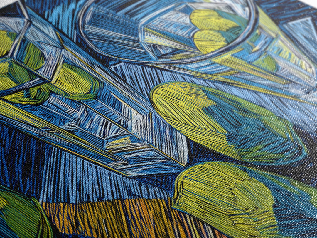 Blue Linocut Martini Glasses With Limes Canvas Print, Retro Cocktail Wall Decor, Bar Cart Art Print, Kitchen Poster Gift