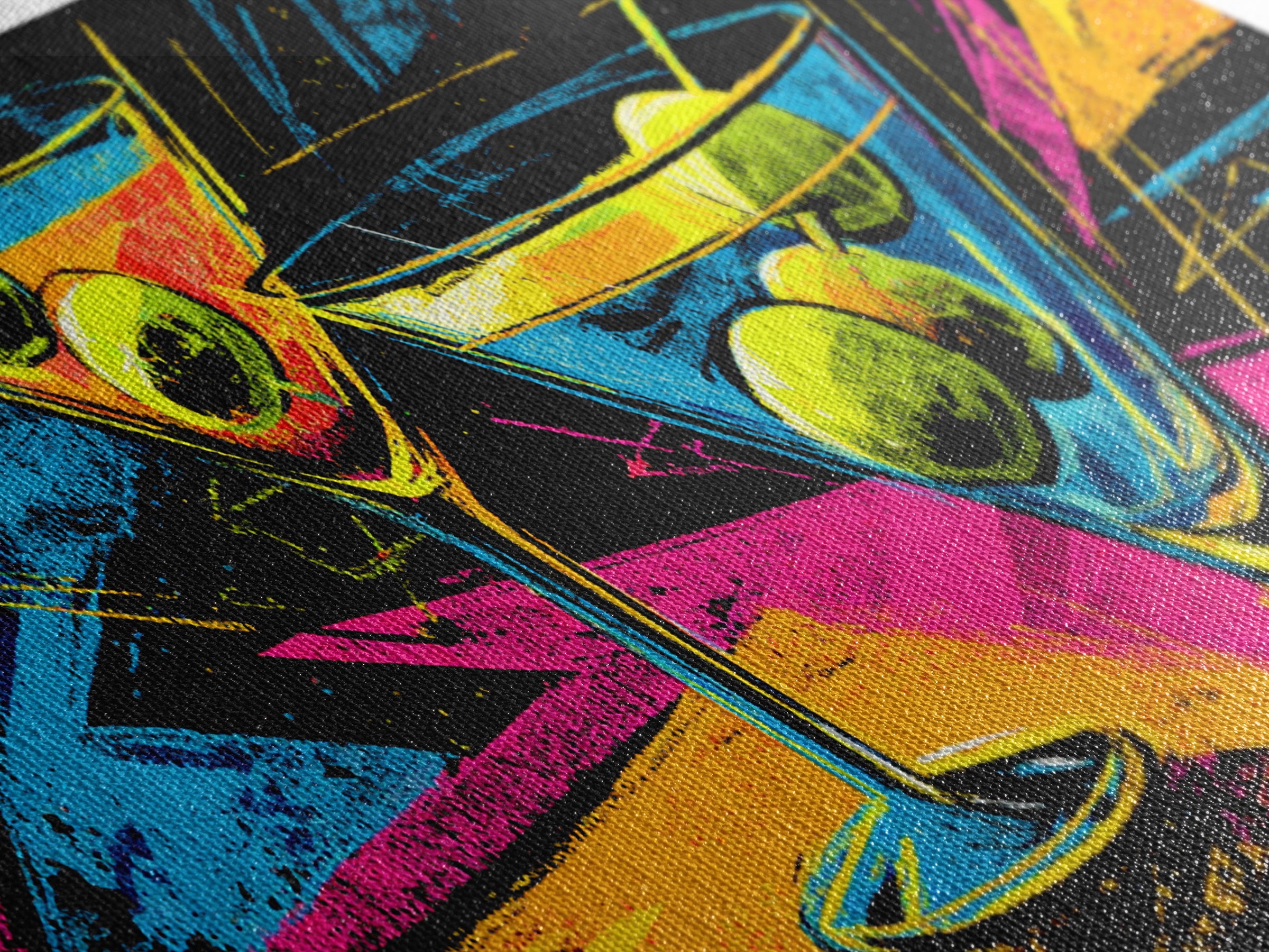 Neon Martini Glasses With Olives Canvas Print, Retro Bar Art, Vibrant Cocktail Poster, Funky Wall Decor For Kitchen Lounge