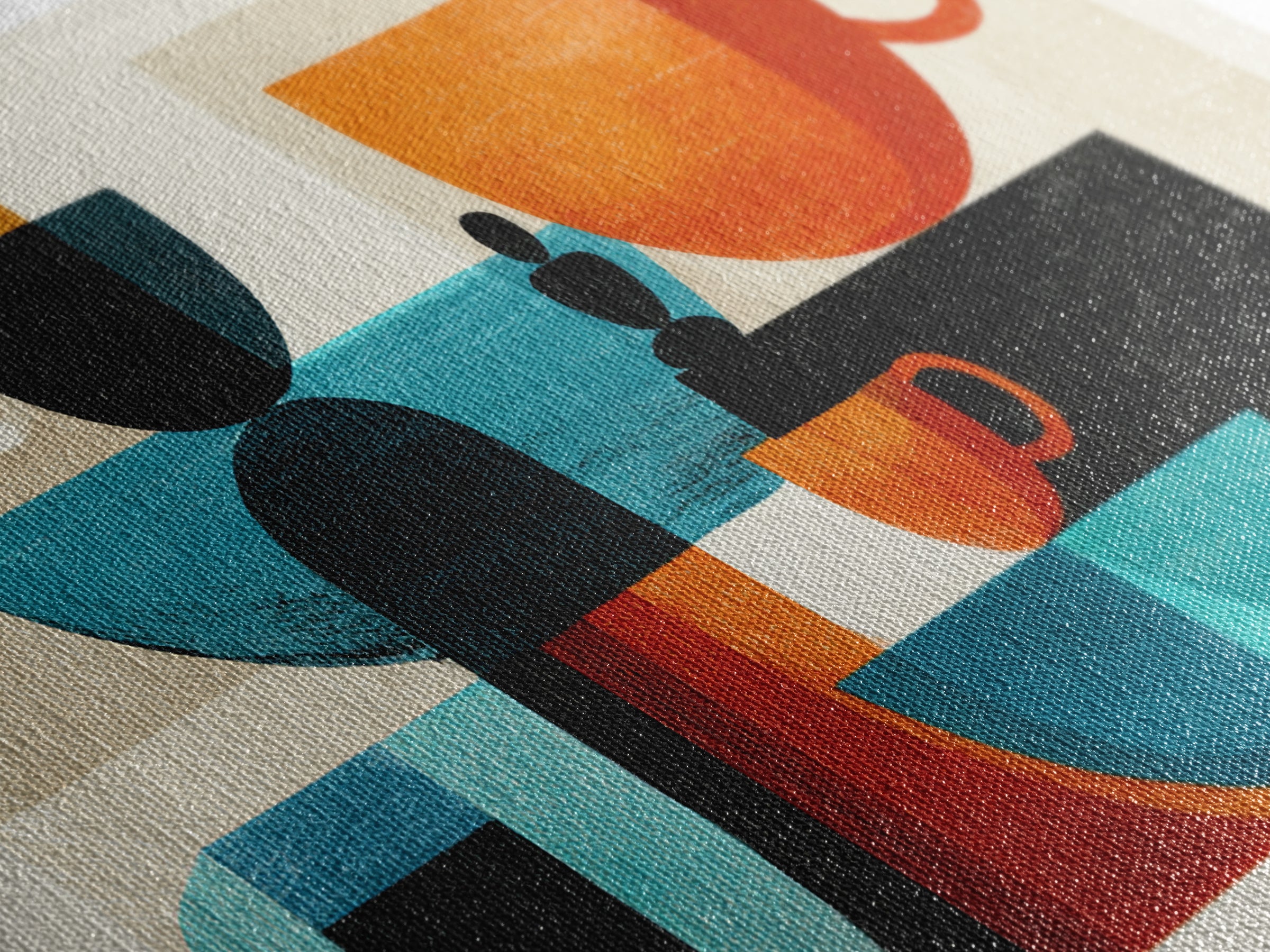 Geometric Coffee Cups Still Life Canvas Print, Midcentury Modern Kitchen Decor, Retro Cafe Wall Art, Teal Orange MCM Poster