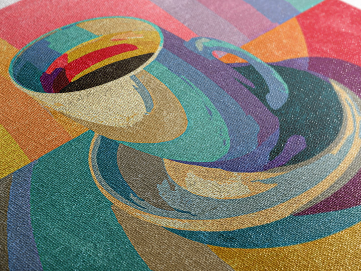 Rainbow Coffee Cup And Saucer Canvas Print, Retro Kitchen Wall Art, Colorful Midcentury Poster, Bright Cafe Home Decor Print