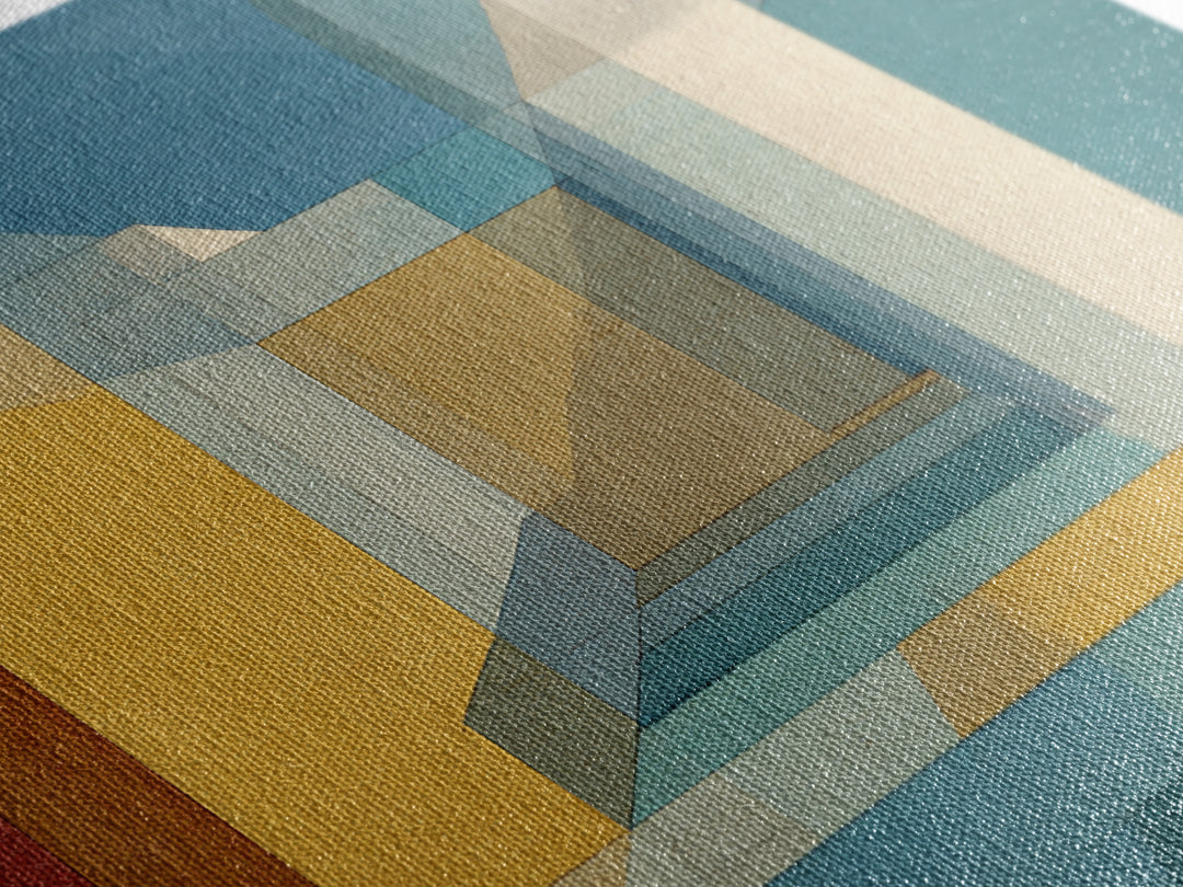 Abstract Desert Passage Wall Art, Geometric Architecture Canvas Print, Midcentury Modern Decor, Teal Gold Perspective Poster