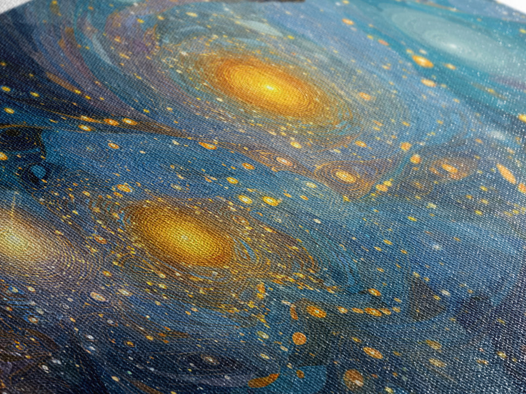 Swirling Starry Blue And Gold Galaxy Framed Canvas Print, Modern Wall Art, Abstract Poster, Celestial Living Room Decor Prints