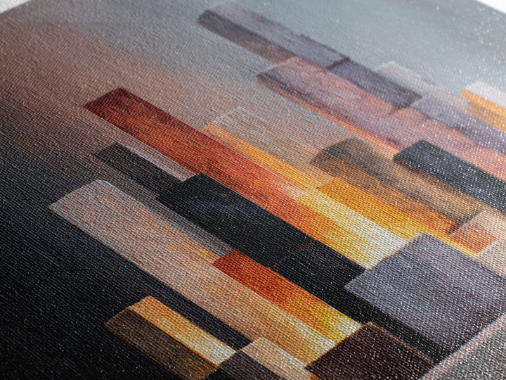 Glowing Stone Block Skyline At Dusk, Framed Canvas Print, Modern Abstract Art, Office Wall Decor, Neutral Home Decor, Living Room Art