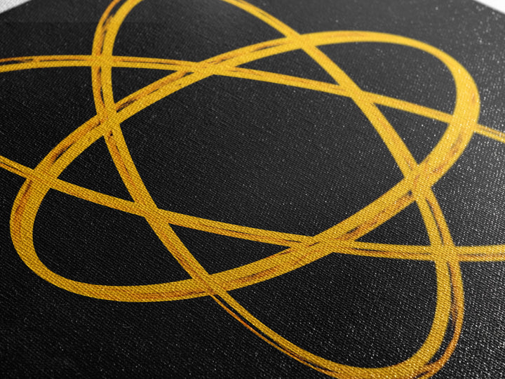 Golden Atomic Orbit Lines On Black Canvas Print, Midcentury Modern Abstract Wall Art, Retro Space Poster, Office Decor, Geek Decor