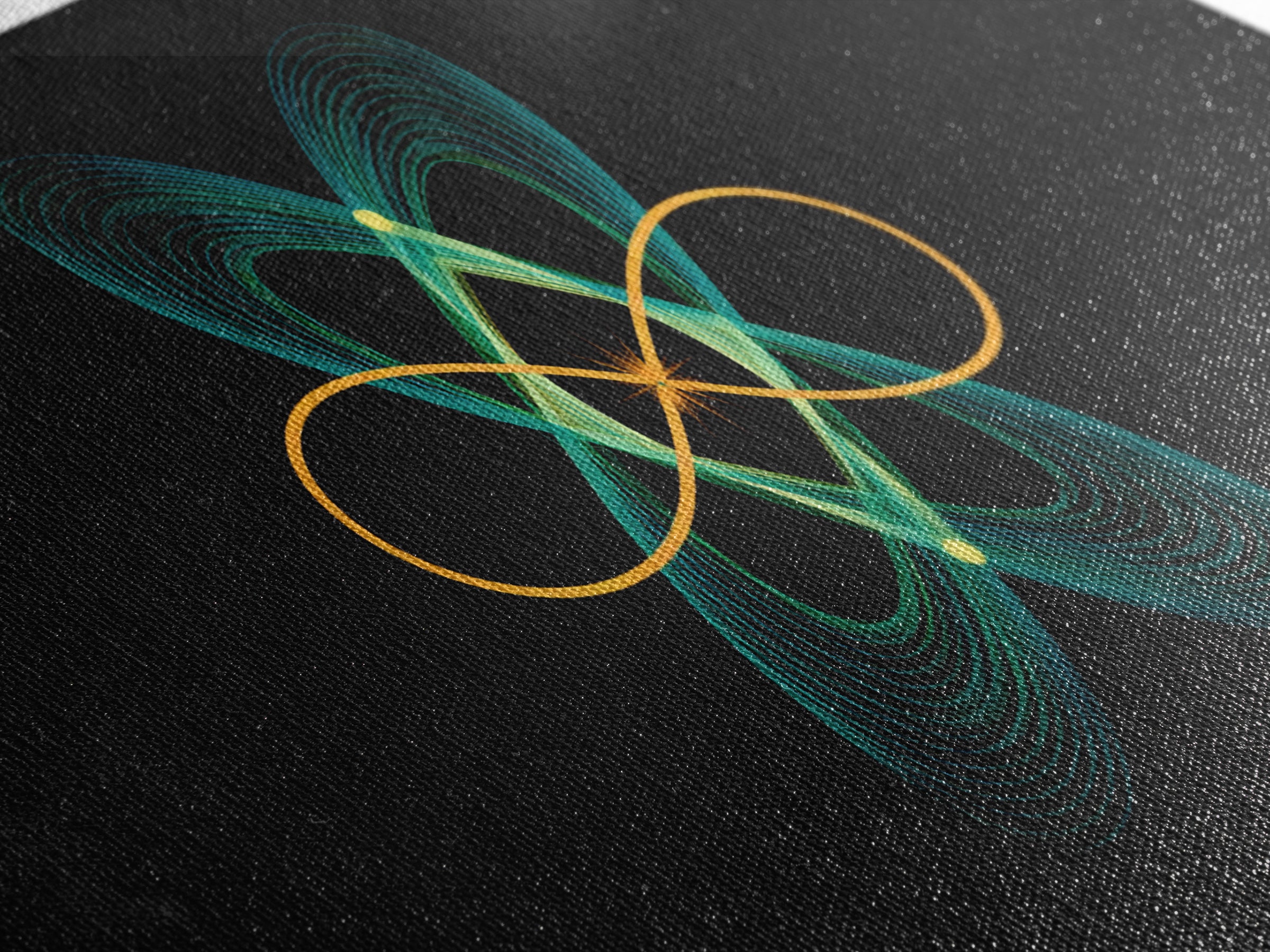 Teal And Gold Orbital Wave Lines Wall Art, Atomic Midcentury Modern Abstract Print, Black Retro Space Poster, Office Decor
