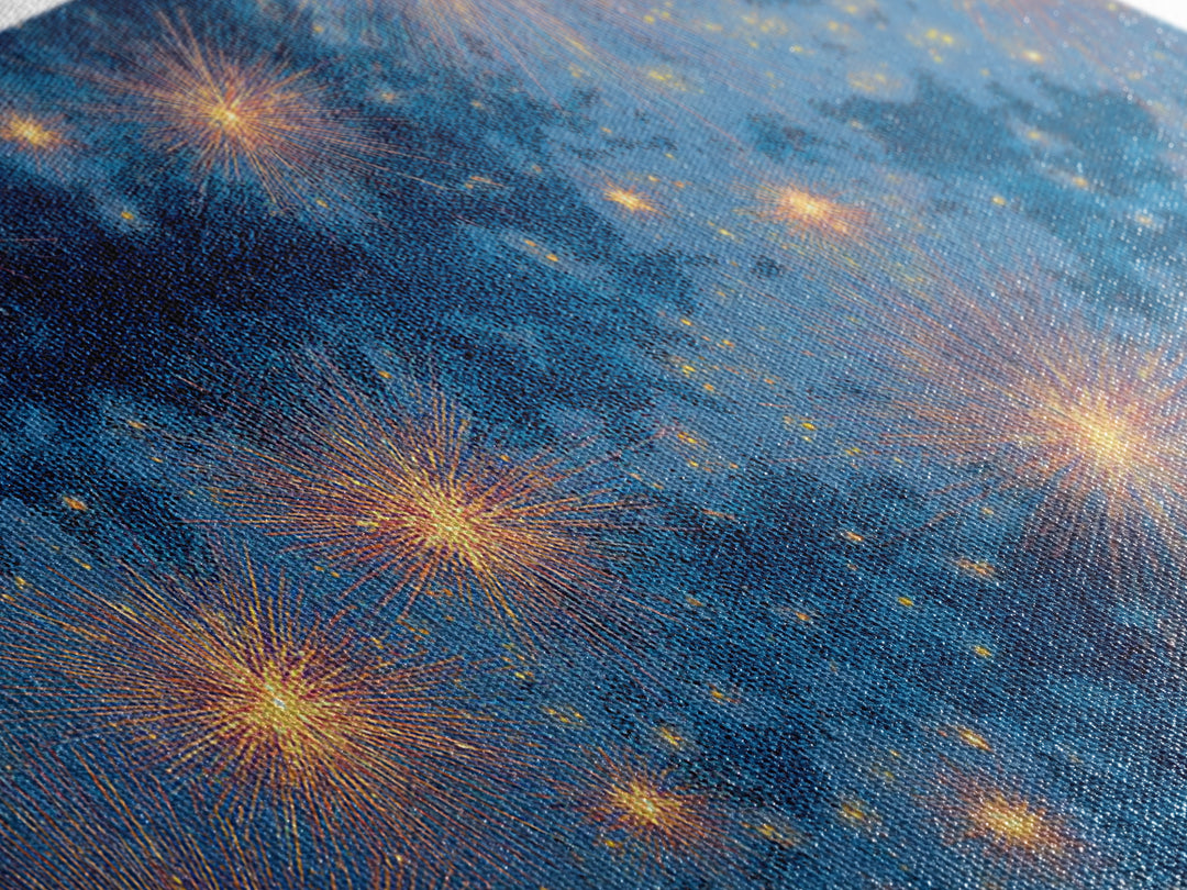 Blue Cloudy Fireworks Night Sky Canvas Print, Celestial Space Wall Art, Gold Stars Modern Decor For Bedroom Or Office Decor