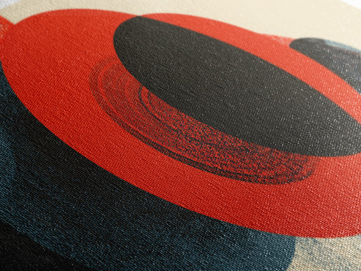 Bold Red Black And Blue Circle Collision Wall Art, Midcentury Modern Abstract Poster, Geometric MCM Decor, Large Canvas Print