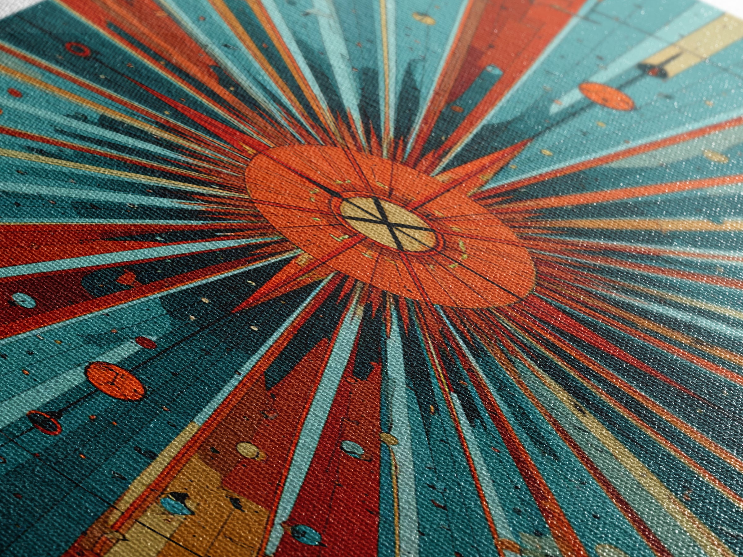 Orange Teal Cosmic Sunburst Canvas Print, Midcentury Modern Art, Retro Atomic Poster, Bold Geometric Wall Decor, 1950s Space Print