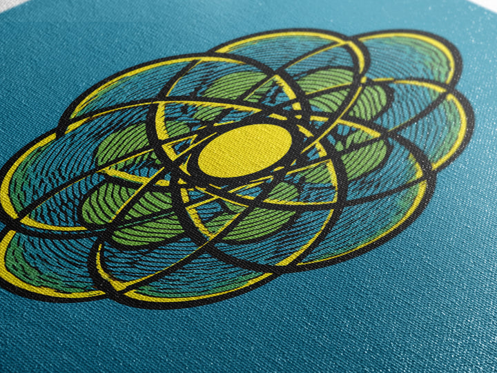 Colorful Atomic Flower Symbol On Blue Canvas Print, Midcentury Modern Wall Decor, Geometric Art Print, Retro Space Poster