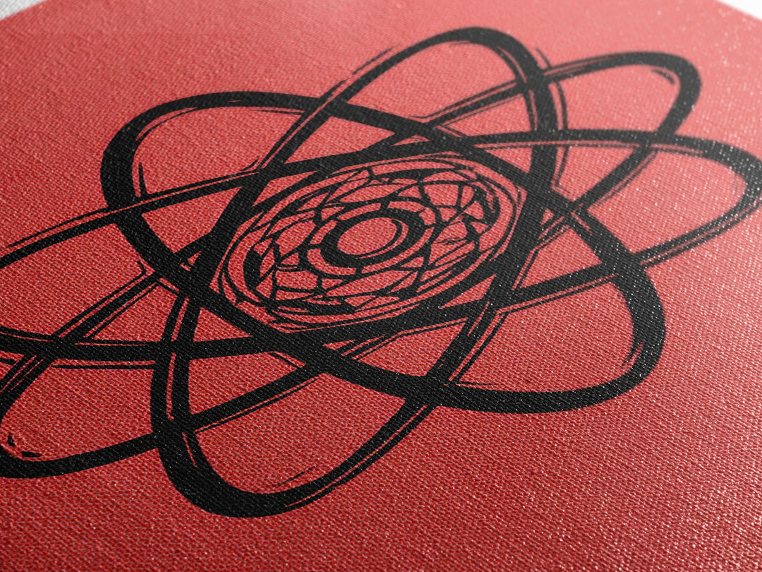 Black Atomic Symbol On Red Canvas Print, Midcentury Modern Wall Art, Retro Science Poster, Geometric MCM Home Decor, Atomic Art Print