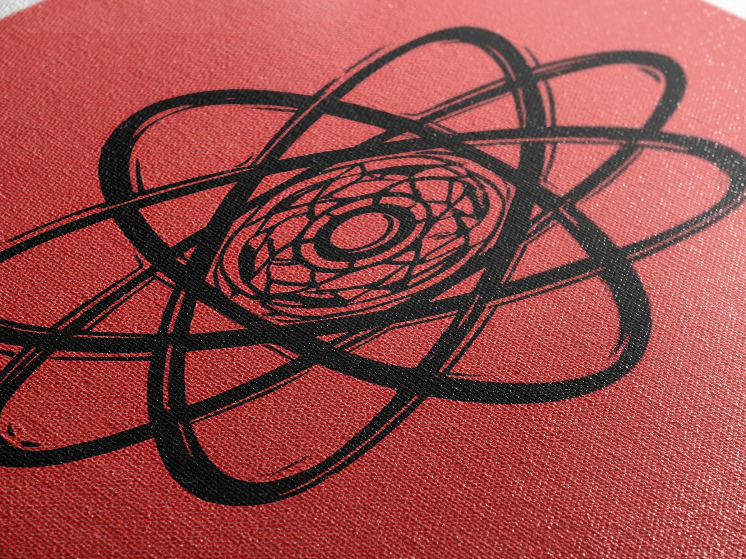Black Atomic Symbol On Red Canvas Print, Midcentury Modern Wall Art, Retro Science Poster, Geometric MCM Home Decor, Atomic Art Print