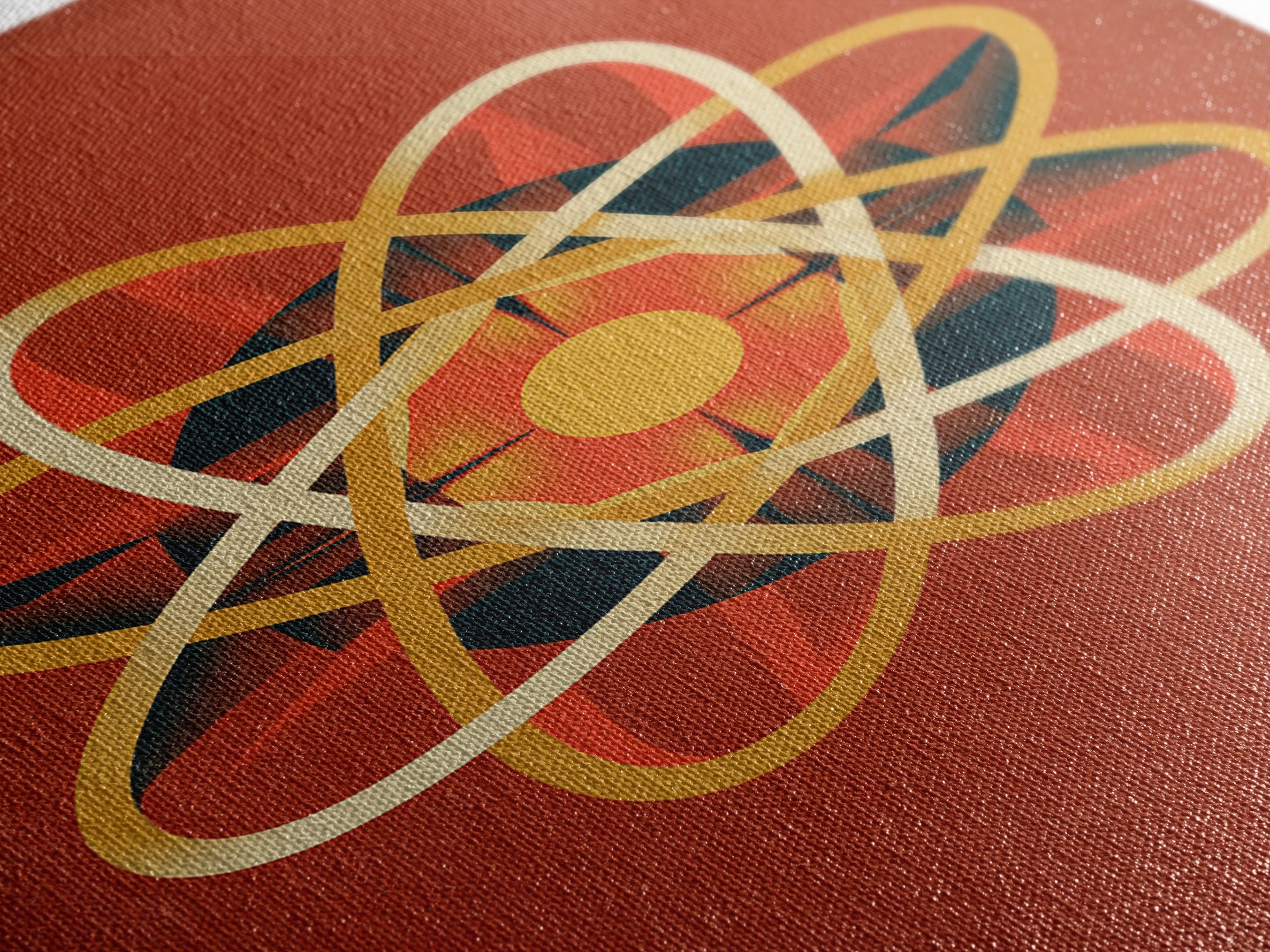 Glowing Golden Atomic Symbol Canvas Print, Midcentury Modern Wall Art, Retro Science Decor, Orange Geometric Abstract Poster