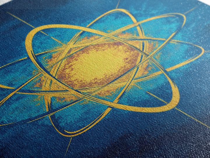 Glowing Yellow Atom On Blue Framed Canvas Print, Midcentury Modern Wall Art, Retro Science Poster, Geometric Space Decor