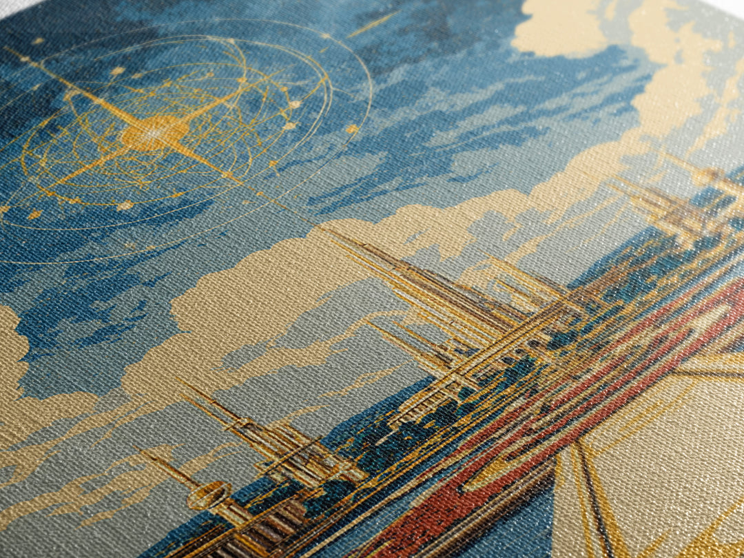 Golden Celestial Palace And Star Map Wall Art, Mid Century Modern Sci Fi Poster, Futuristic City Decor, Cosmic Canvas Print