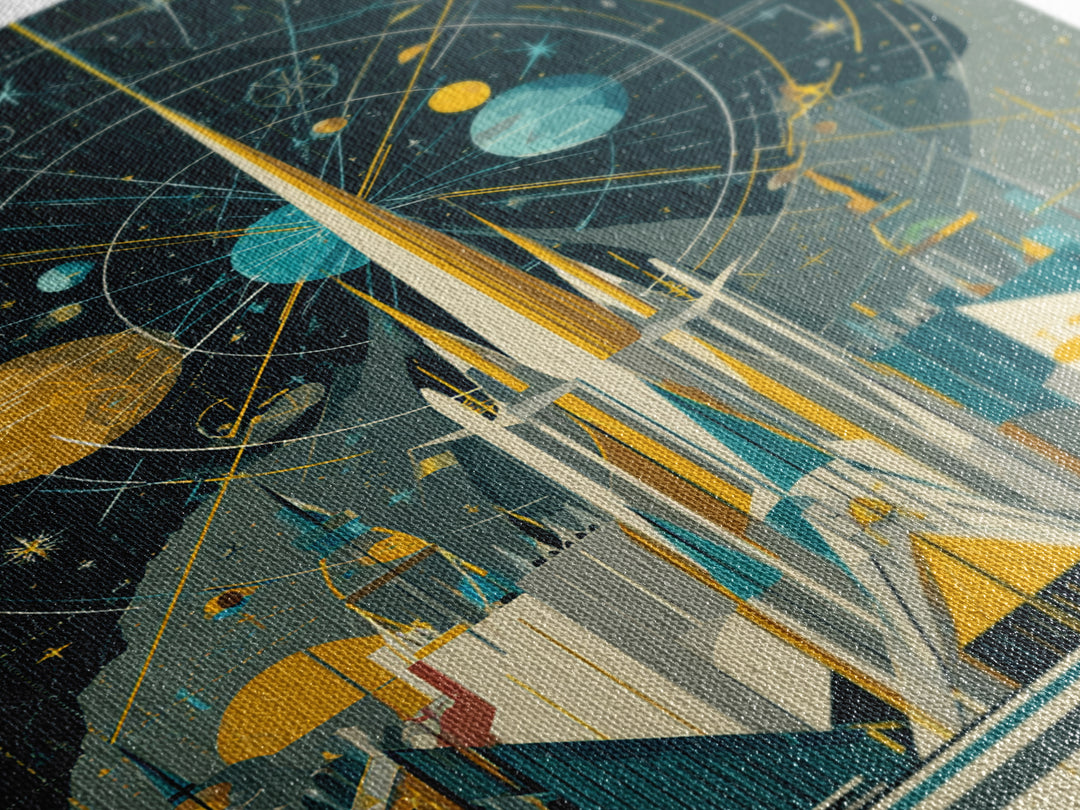 Atomic Rocket Spire Space Age City Canvas Print, Mid Century Modern Wall Art, Futuristic Planet Poster, Geometric MCM Decor