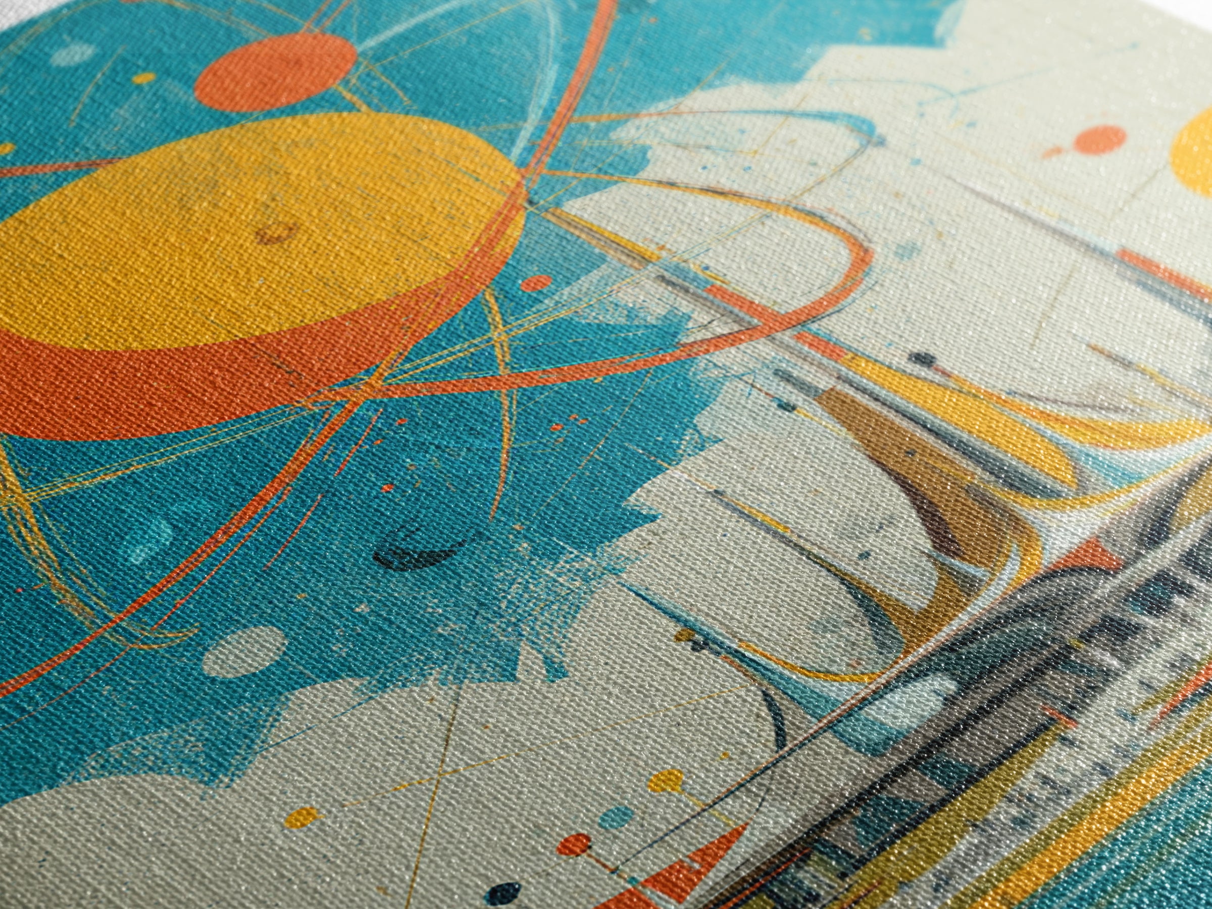 Giant Atomic Sun Over Futuristic City Wall Art, Mid Century Modern Canvas Print, Retro Space Age Poster, Turquoise Decor