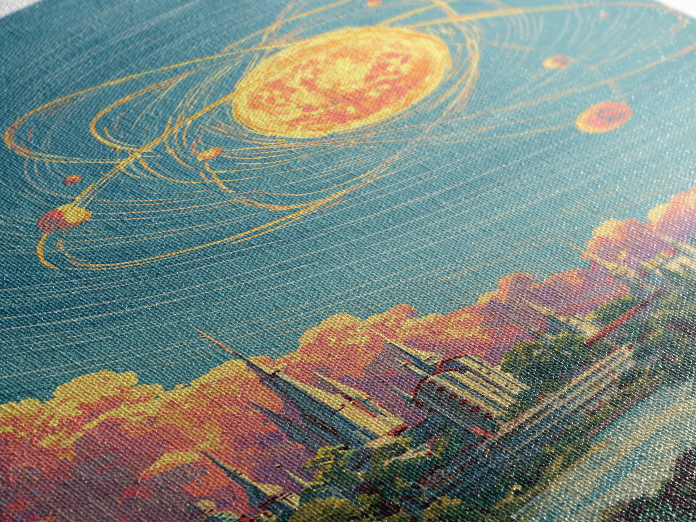 Glowing Atomic Sun Over Retro Future City Canvas Print, Mid Century Modern Wall Art, Cosmic Space Poster, Scenic MCM Decor