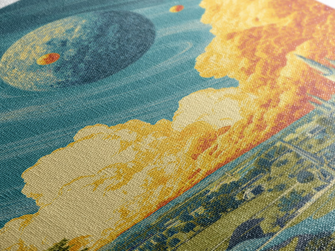 Retro Futuristic Planet City Wall Art, Sci Fi Space Landscape, Midcentury Modern Poster, Atomic MCM Decor, Blue Orange Print