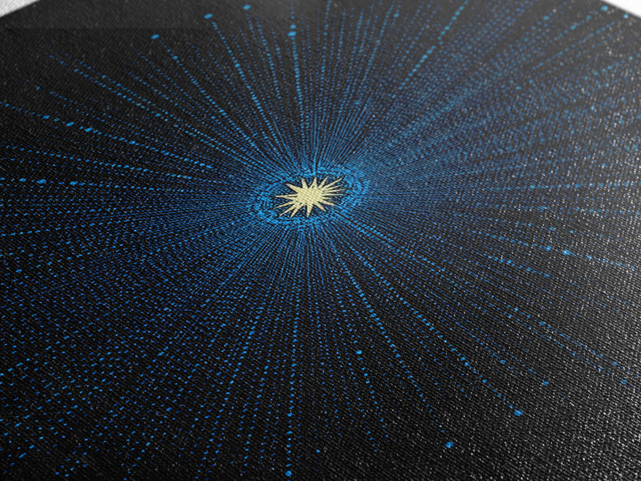 Blue Cosmic Starburst Wall Art, Modern Abstract Space Poster, Atomic Midcentury Decor, Black Sci Fi Galaxy Print For Living Room