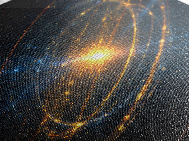 Radiant Starburst Galaxy With Golden Orbital Rings Wall Art, Cosmic Space Poster, Modern Abstract Art, Sci Fi Home Decor